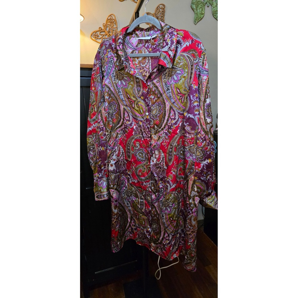 Susan Graver Womens 2X Pink Purple Paisley Button Front Long Sleeve Shirt  Dress